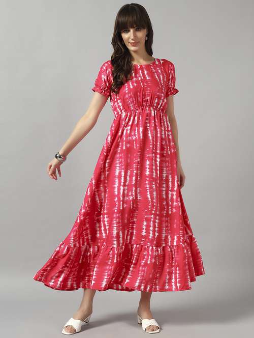 women tie & dye printed puff sleeve tiered dress - 22089305 - Standard Image - 0