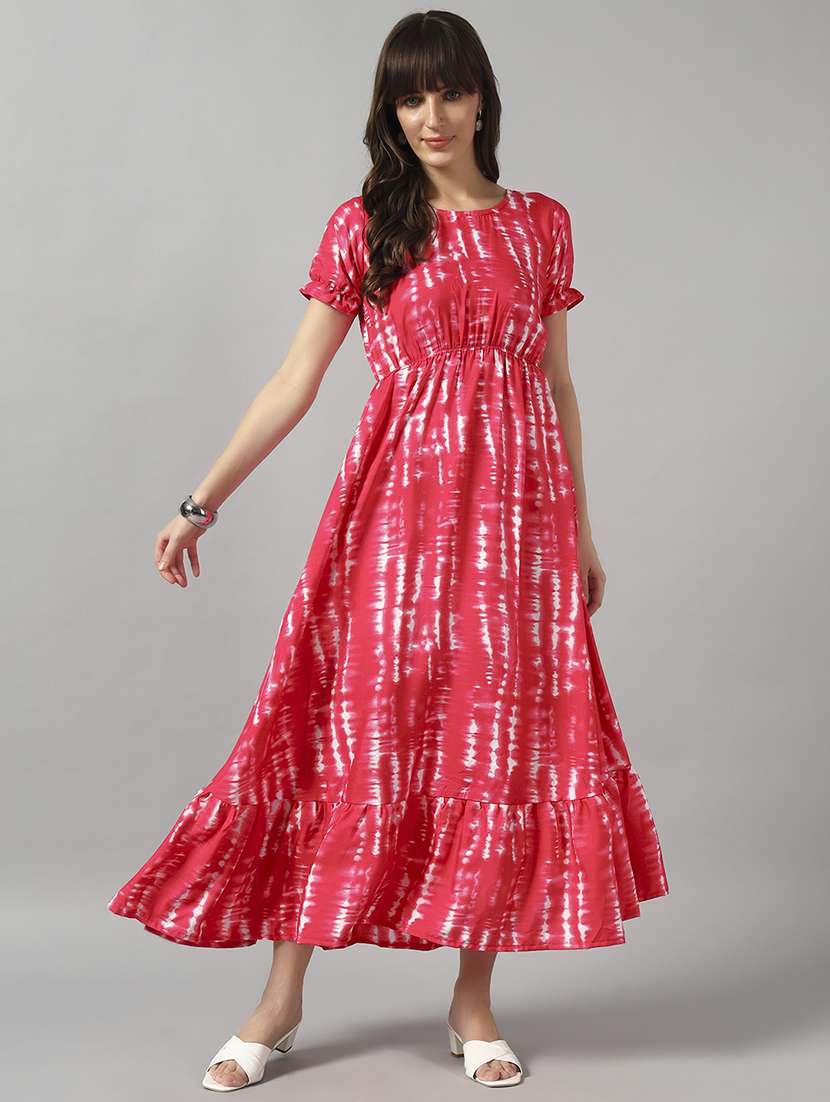 women tie & dye printed puff sleeve tiered dress - 22089305 - Zoom Image - 0