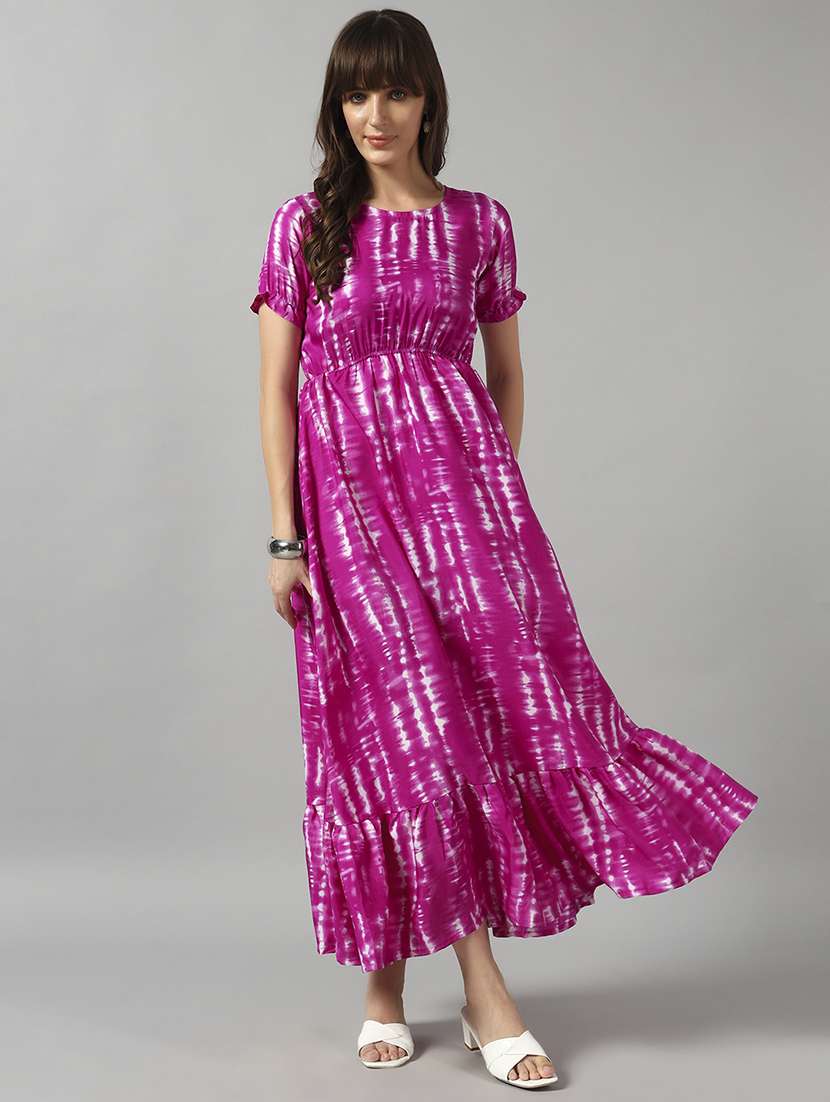 women tie & dye printed puff sleeve tiered dress - 22089306 - Zoom Image - 0