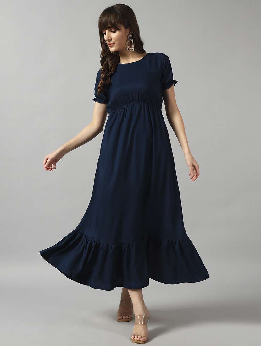 women solid puff sleeve tiered dress