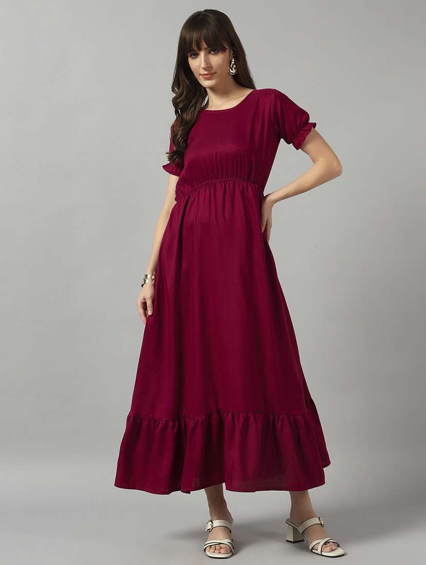 women solid puff sleeve tiered dress