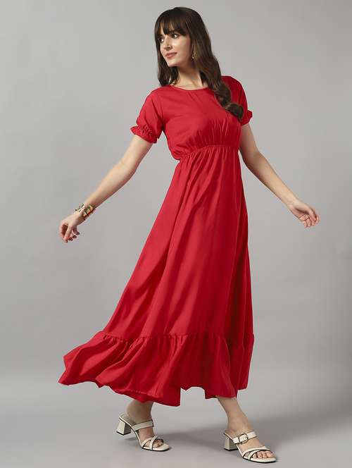 women solid puff sleeve tiered dress - 22089326 - Standard Image - 0