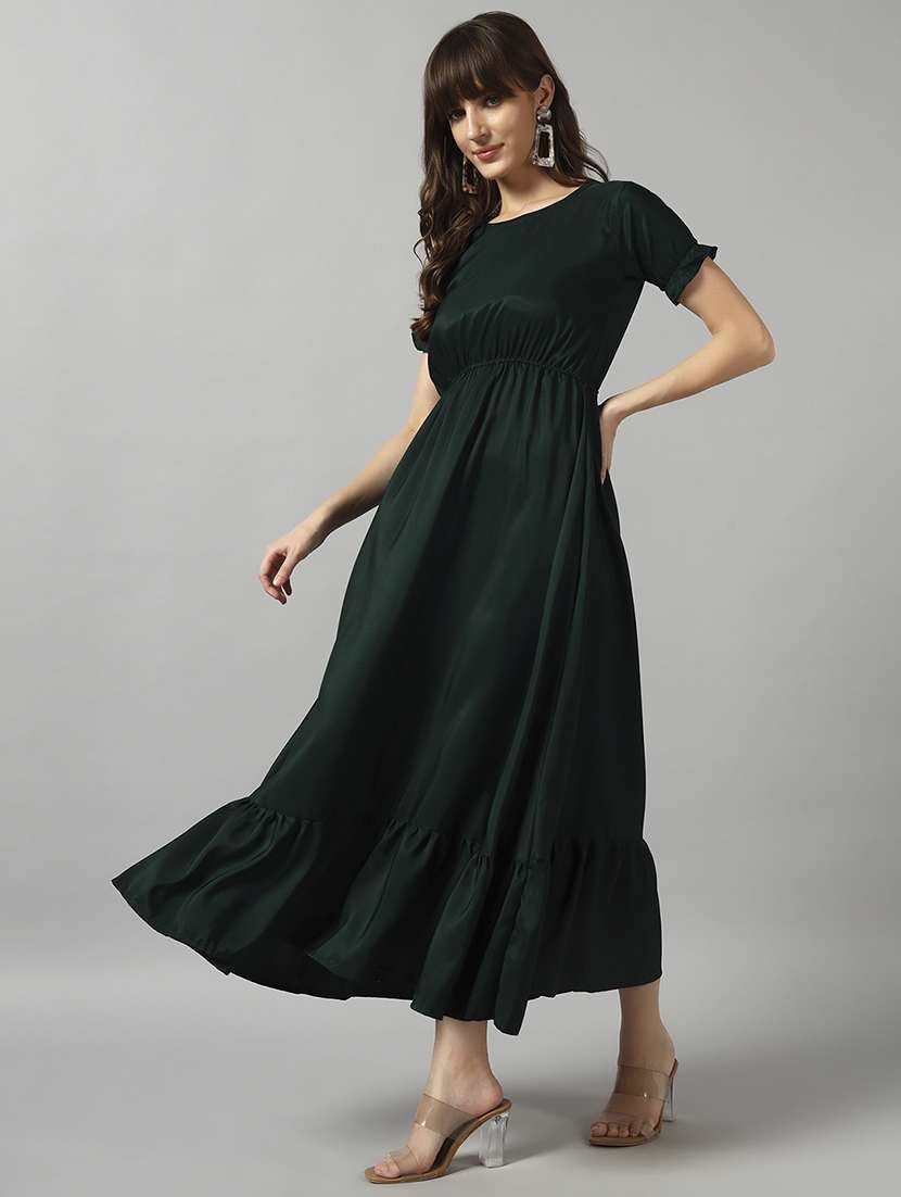 women solid puff sleeve tiered dress