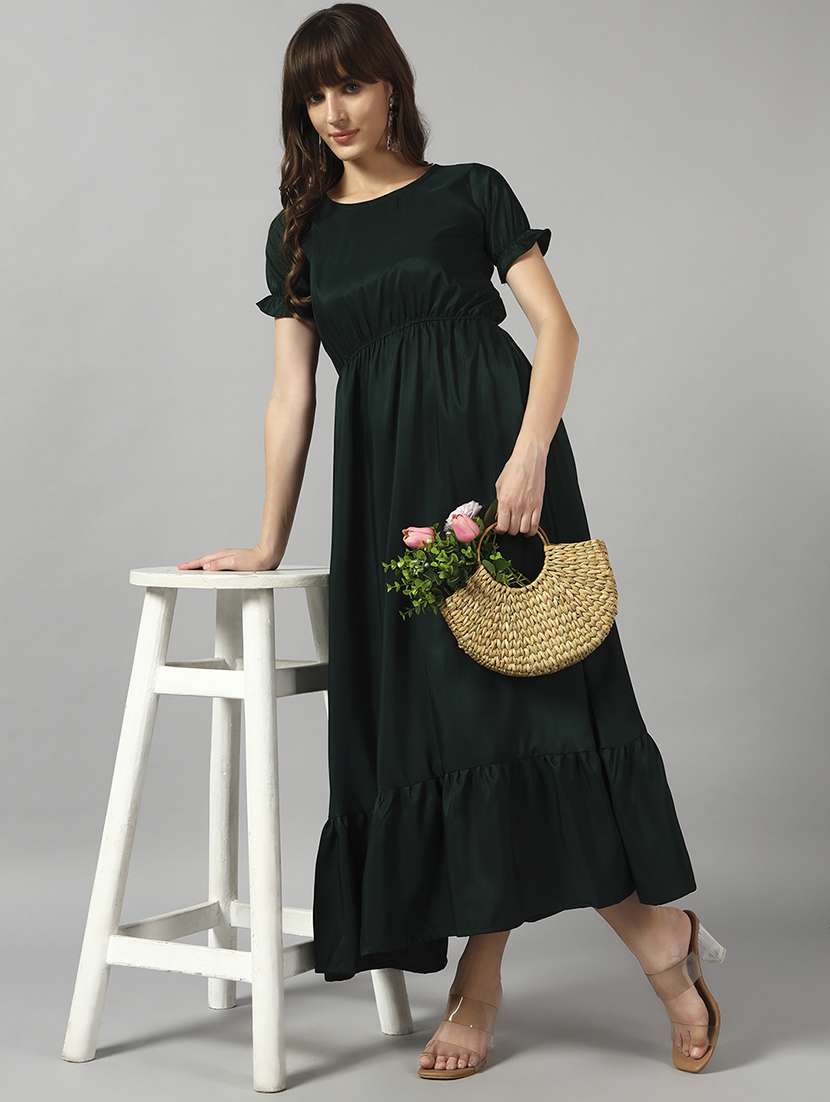 women solid puff sleeve tiered dress