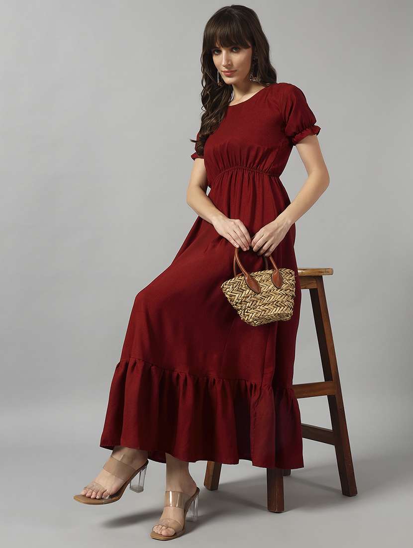 women solid puff sleeve tiered dress