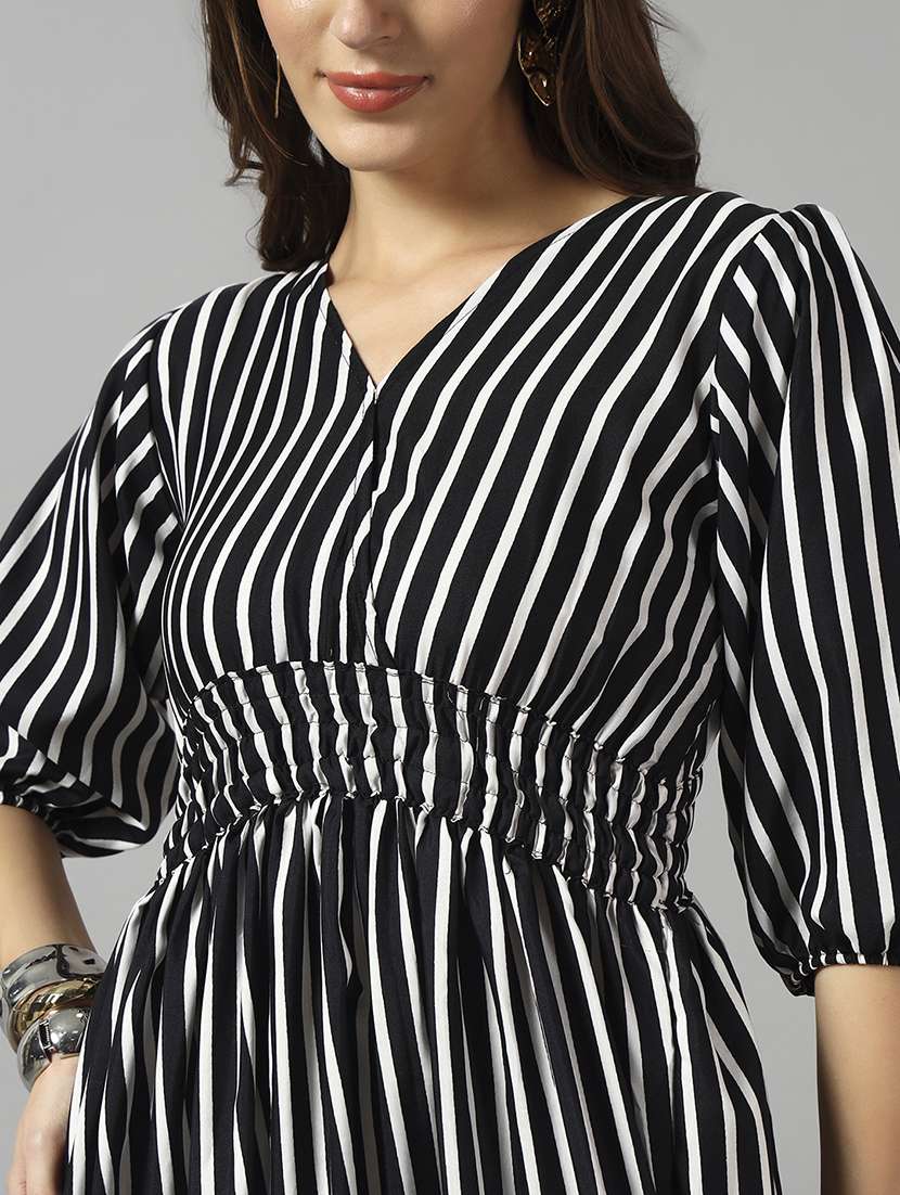 women striped puff sleeve tiered dress - 22090768 -  Standard Image - 3