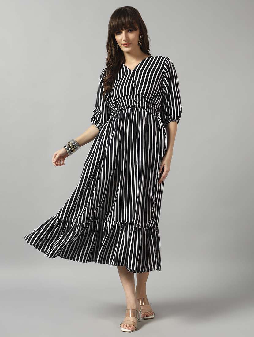 women striped puff sleeve tiered dress