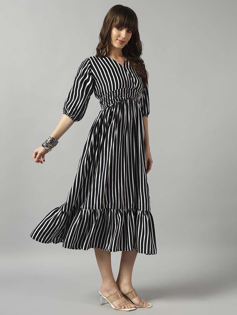 women striped puff sleeve tiered dress