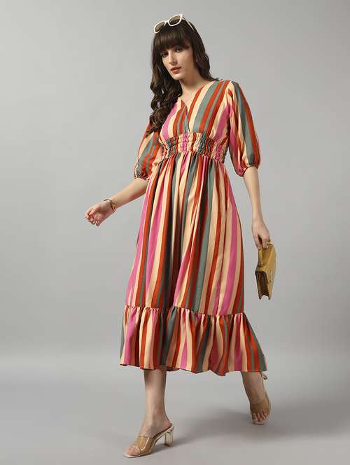 women striped puff sleeve tiered dress - 22090779 -  Standard Image - 0