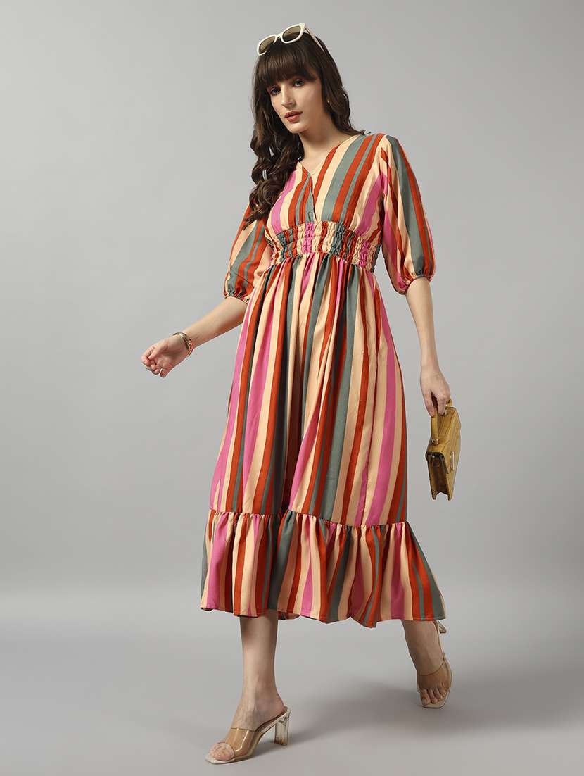 women striped puff sleeve tiered dress