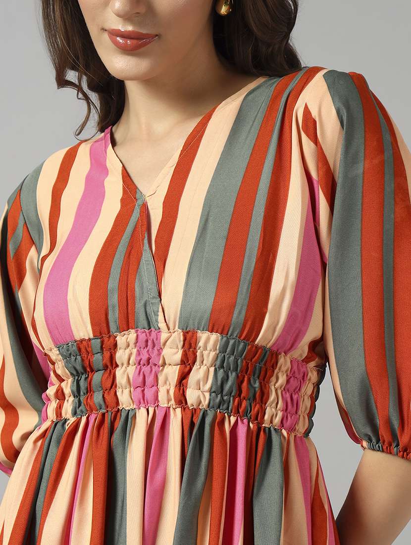 women striped puff sleeve tiered dress - 22090779 -  Standard Image - 3
