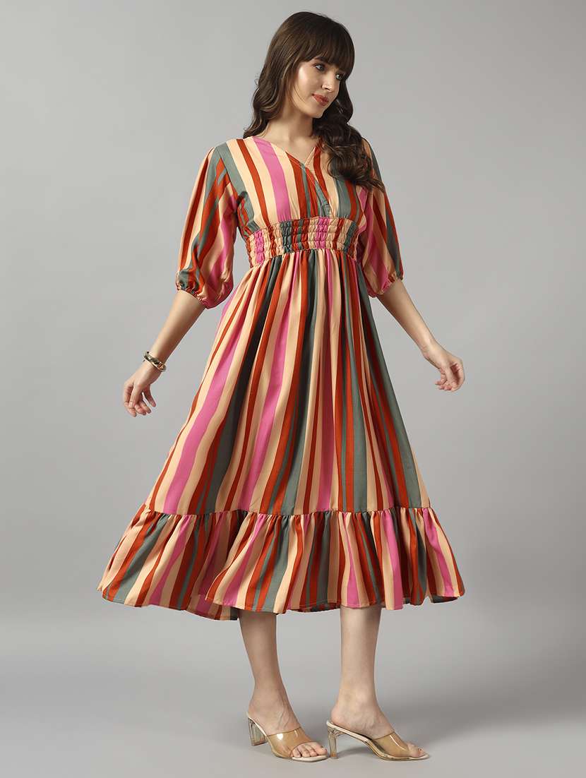 women striped puff sleeve tiered dress - 22090781 -  Zoom Image - 0