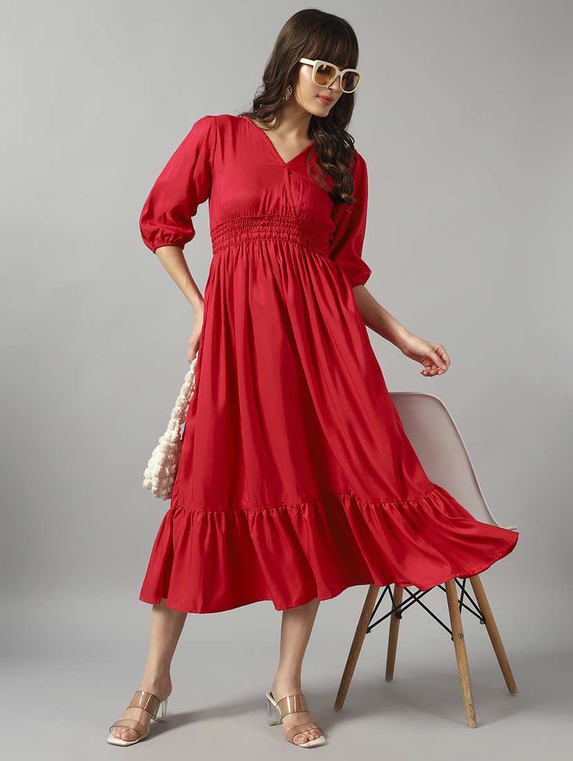 women solid puff sleeve tiered dress - 22090803 - Zoom Image - 0