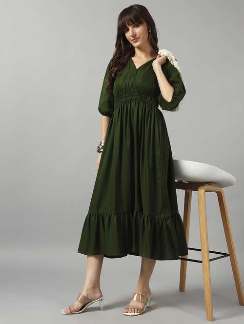 women solid puff sleeve tiered dress - 22090809 -  Standard Image - 0