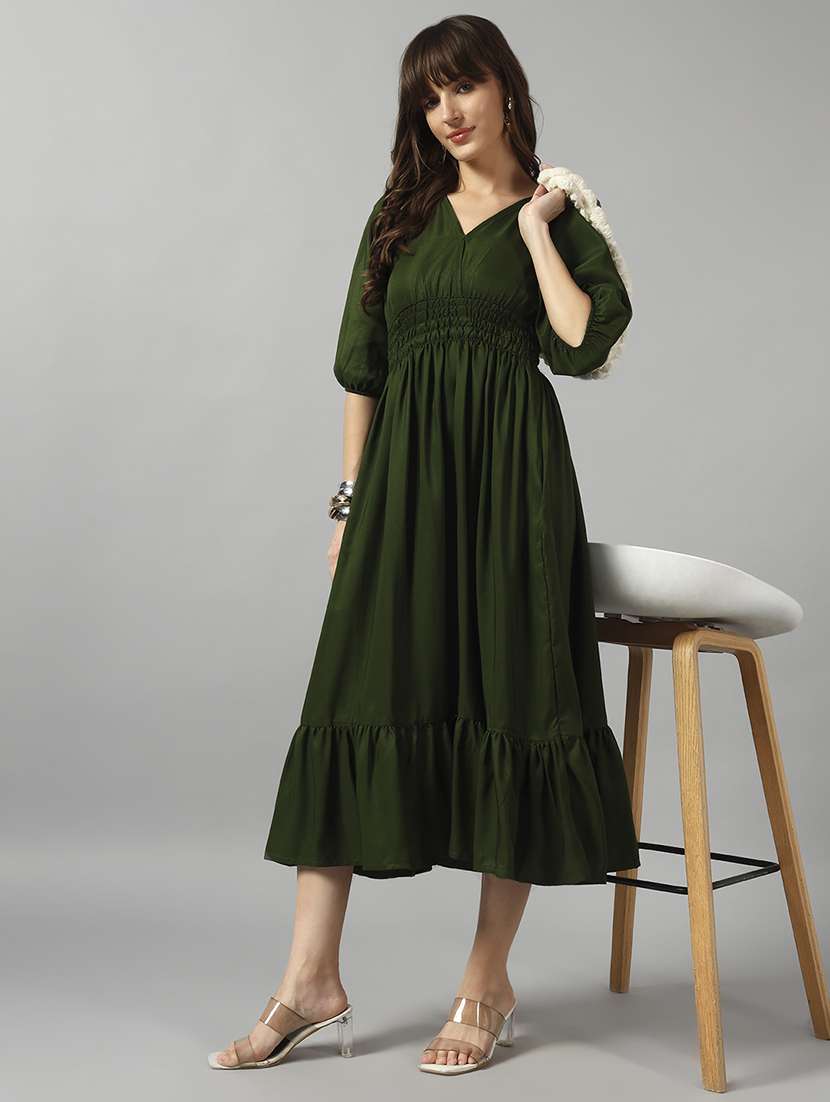 women solid puff sleeve tiered dress