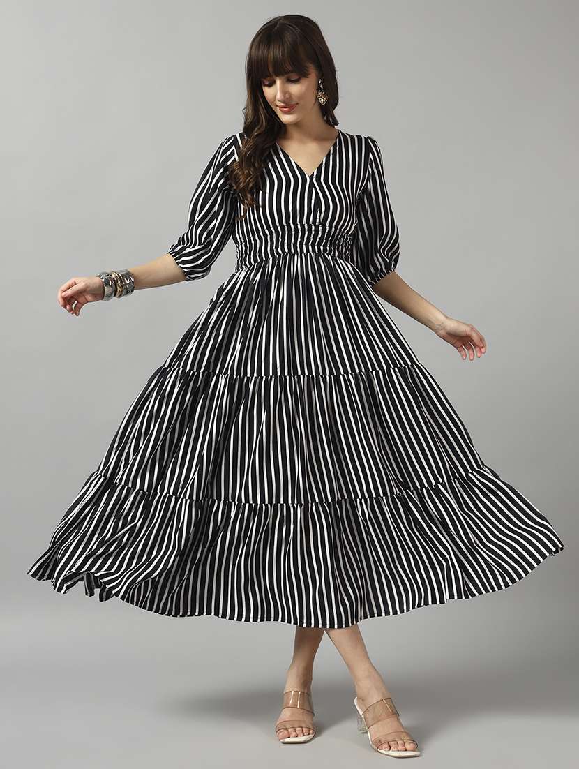 women striped puff sleeve tiered dress
