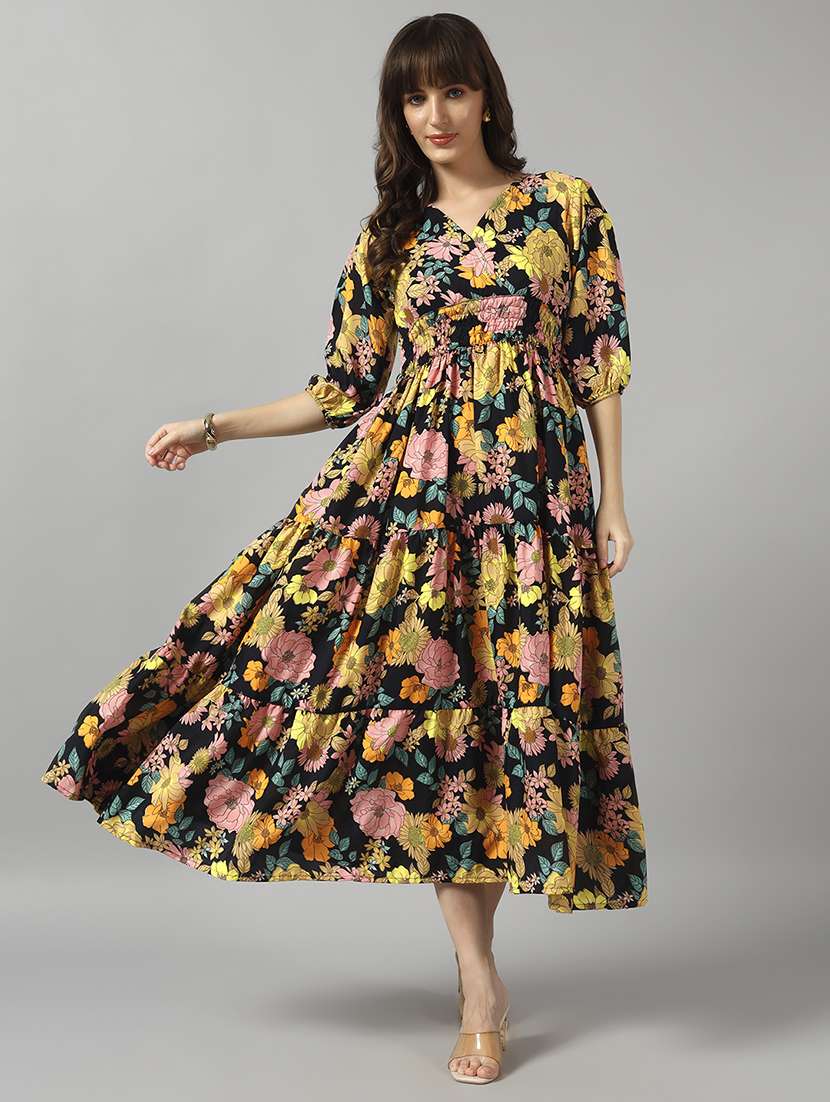 women floral printed puff sleeve tiered dress