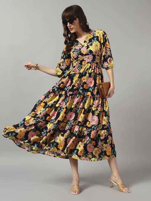 women floral printed puff sleeve tiered dress - 22091543 - Standard Image - 0