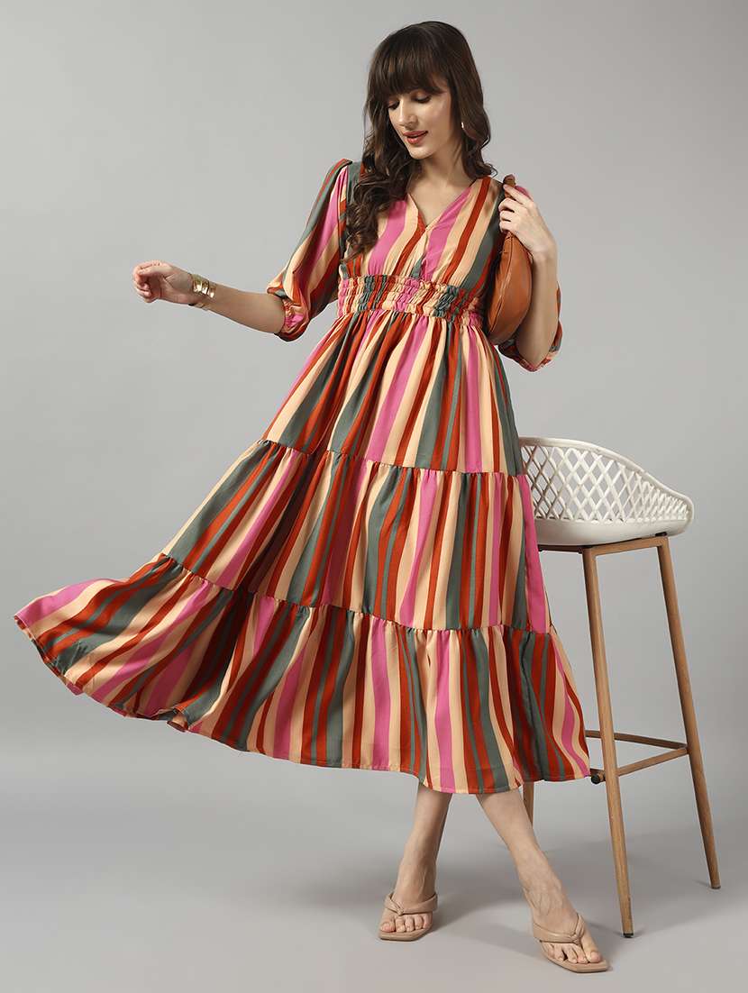 women striped puff sleeve tiered dress