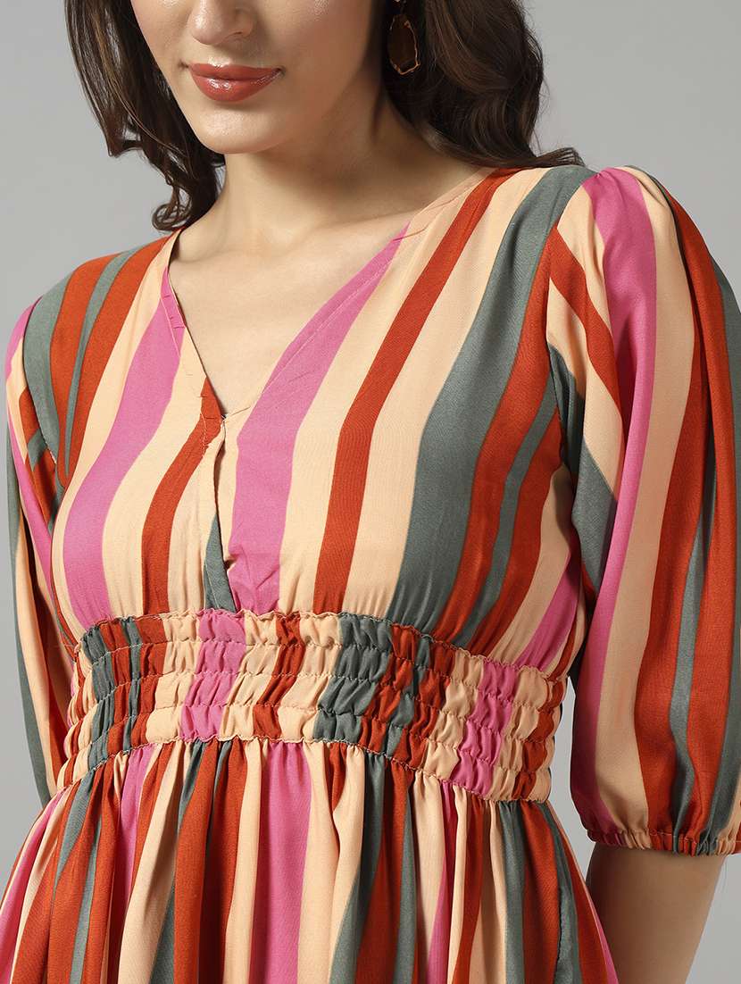 women striped puff sleeve tiered dress - 22091544 -  Standard Image - 3