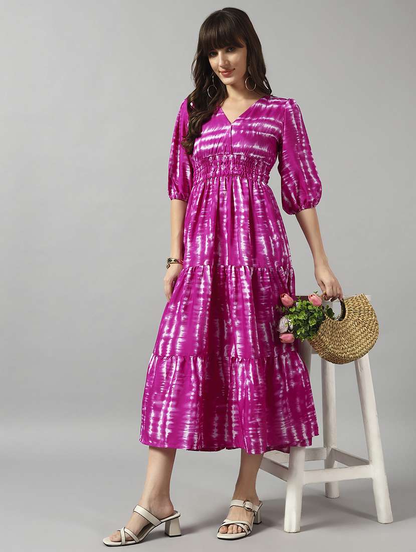 women tie & dye printed puff sleeve tiered dress