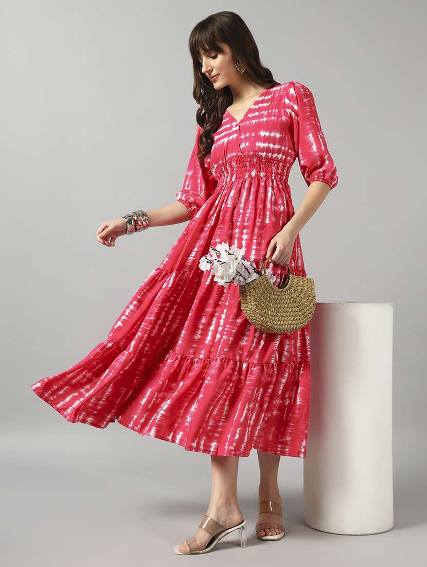 women tie & dye printed puff sleeve tiered dress