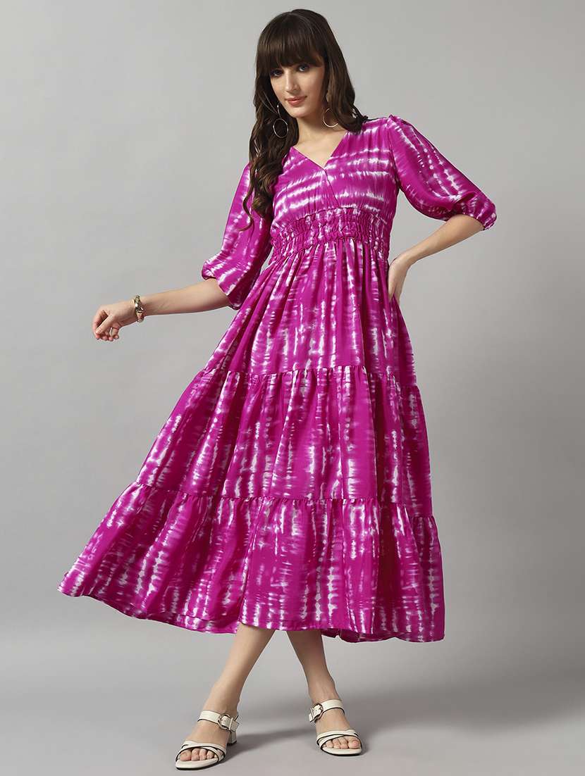 women tie & dye printed puff sleeve tiered dress