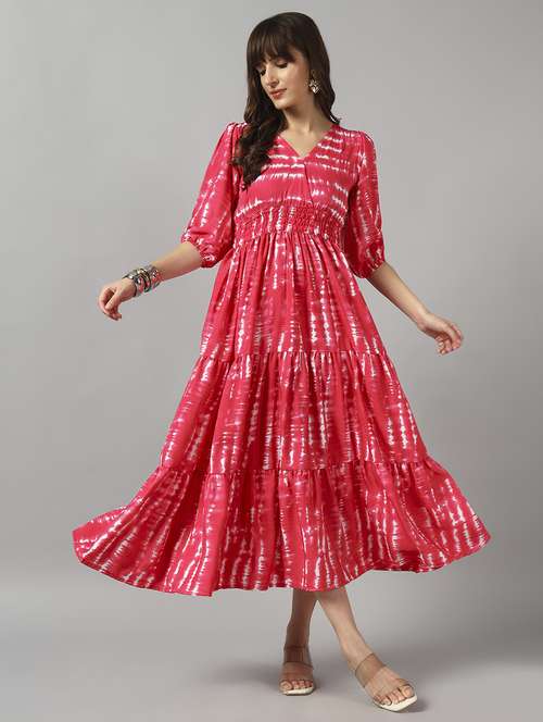 women tie & dye printed puff sleeve tiered dress - 22091557 -  Standard Image - 0