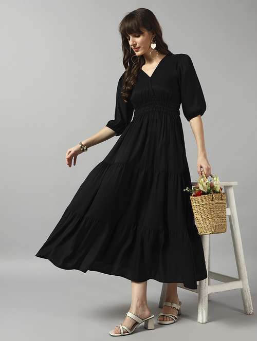 women solid puff sleeve tiered dress - 22091559 - Standard Image - 0