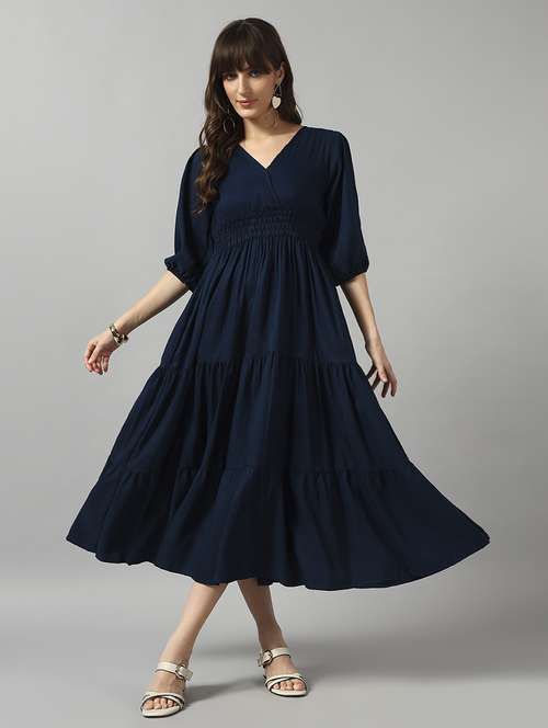 women solid puff sleeve tiered dress - 22091563 - Standard Image - 0