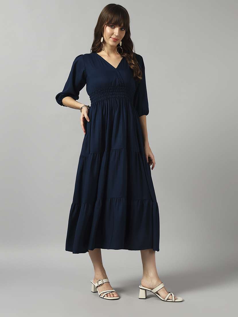 women solid puff sleeve tiered dress