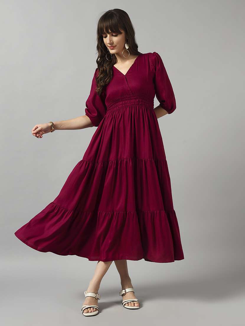 women solid puff sleeve tiered dress
