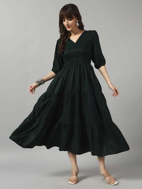 women solid puff sleeve tiered dress - 22091569 - Standard Image - 0
