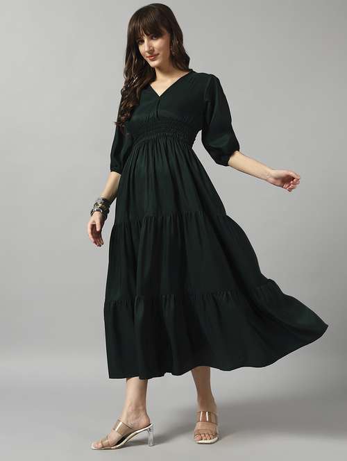 women solid puff sleeve tiered dress - 22091573 - Standard Image - 0