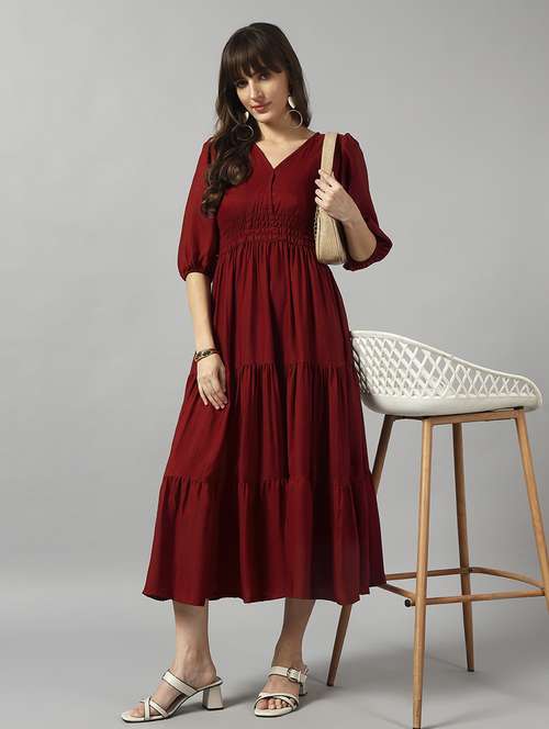 women solid puff sleeve tiered dress - 22091575 - Standard Image - 0