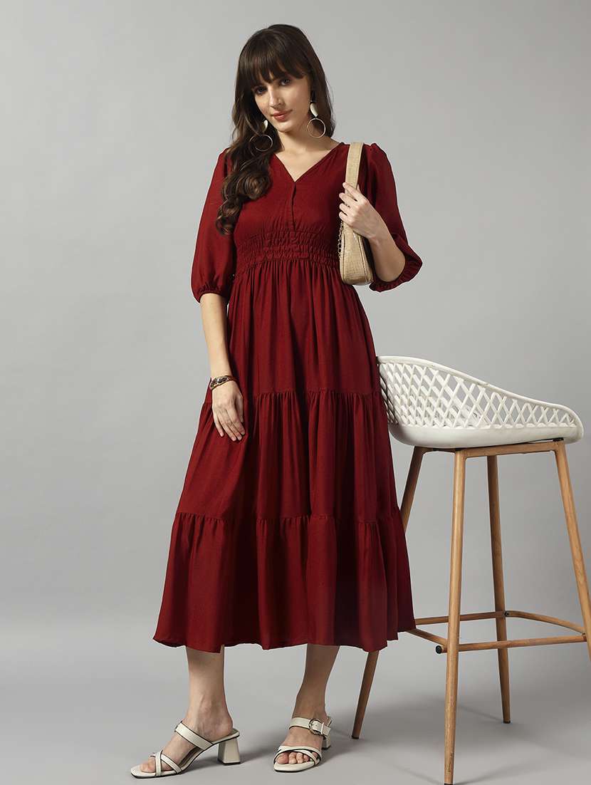 women solid puff sleeve tiered dress - 22091575 - Zoom Image - 0
