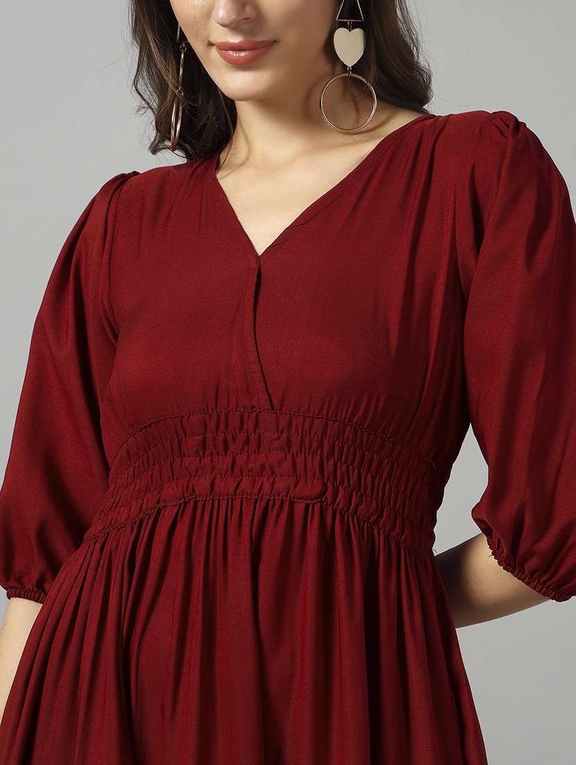 women solid puff sleeve tiered dress - 22091576 -  Standard Image - 3