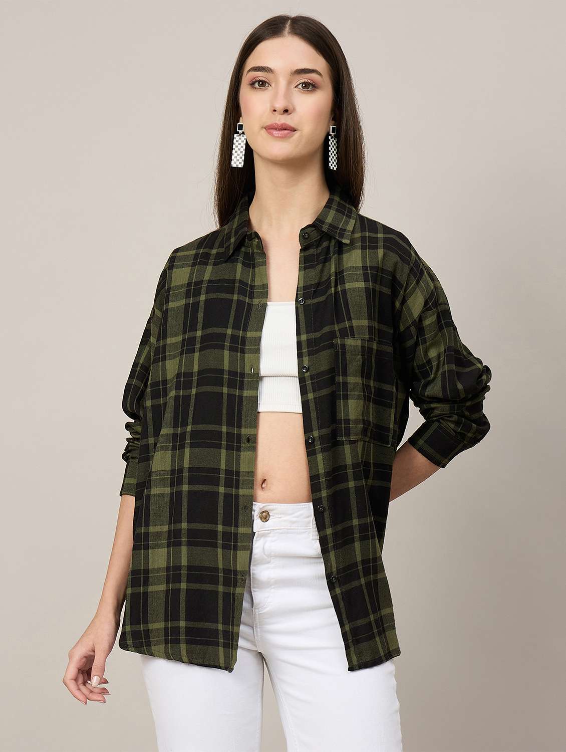 women checkered long sleeve oversized shirt - 22092019 - Zoom Image - 0