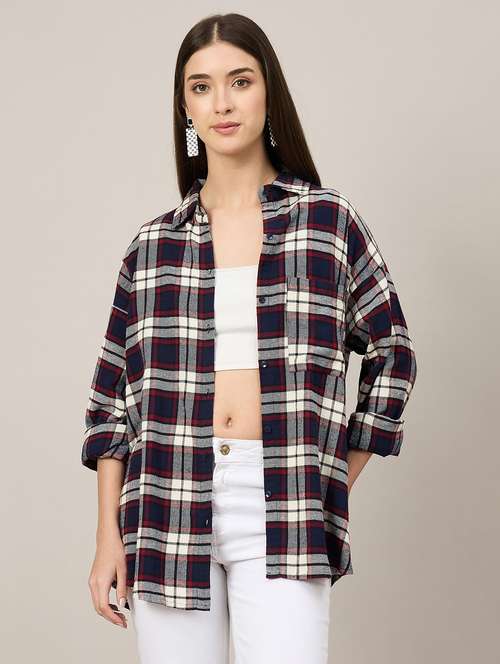 women checkered long sleeve oversized shirt - 22092020 - Standard Image - 0