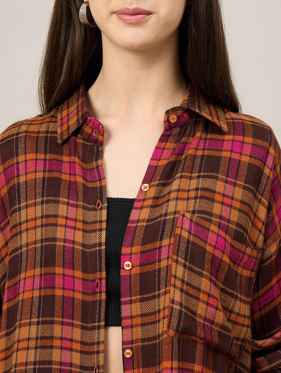 women checkered long sleeve oversized shirt - 22092024 - Standard Image - 5