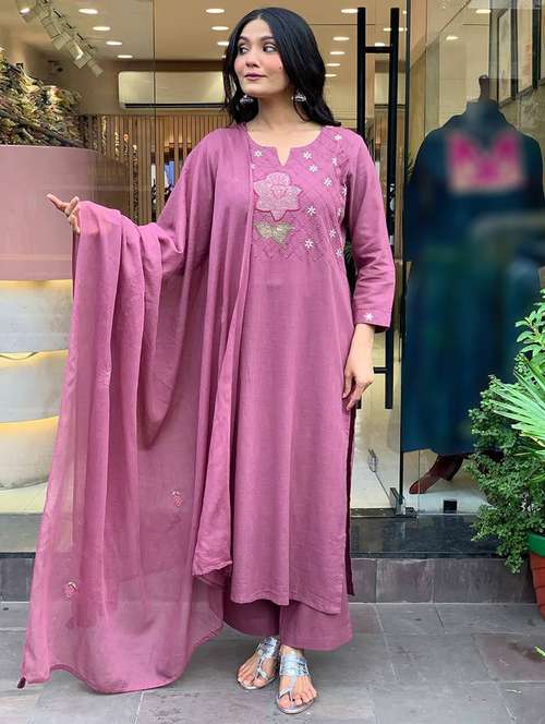 women embroidered three quarter sleeve kurta pant with dupatta set - 22092085 -  Standard Image - 0