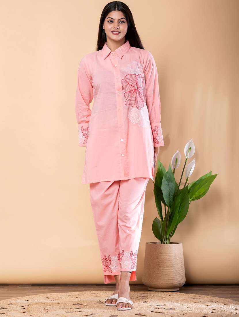 women solid with work long sleeve ethnic co-ord set