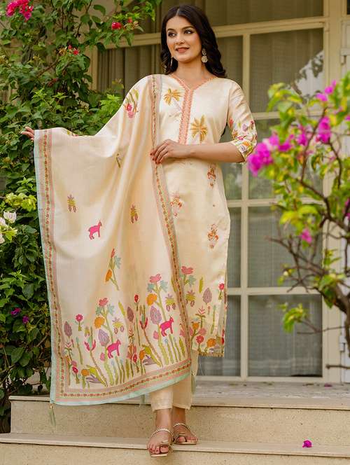 women embroidered three quarter sleeve kurta pant with dupatta set - 22092099 -  Standard Image - 0