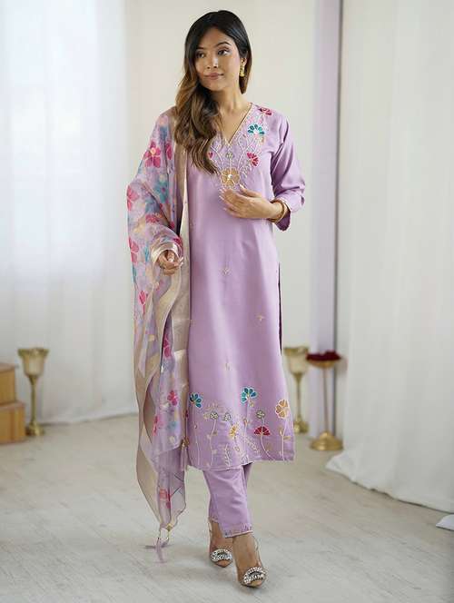 women embroidered three quarter sleeve kurta pant with dupatta set - 22092102 -  Standard Image - 0