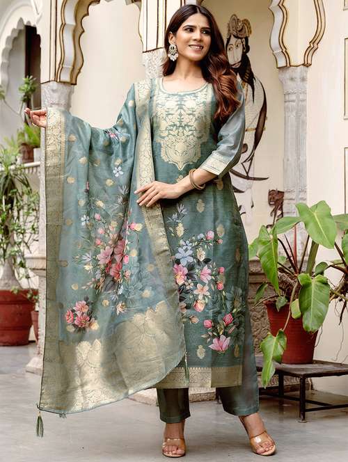 women floral three quarter sleeve kurta pant with dupatta set - 22092104 -  Standard Image - 0