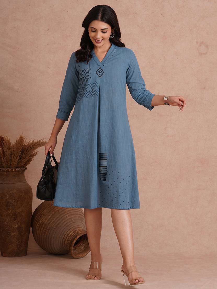 women printed three quarter sleeve a-line dress - 22092182 -  Zoom Image - 0