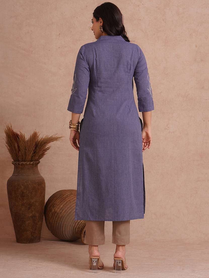 women striped three quarter sleeve straight kurta  - 22092189 -  Standard Image - 3