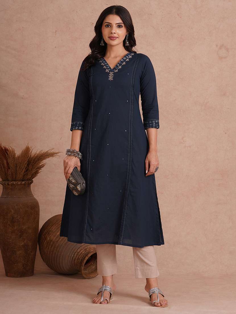 women embroidered three quarter sleeve a-line kurta 