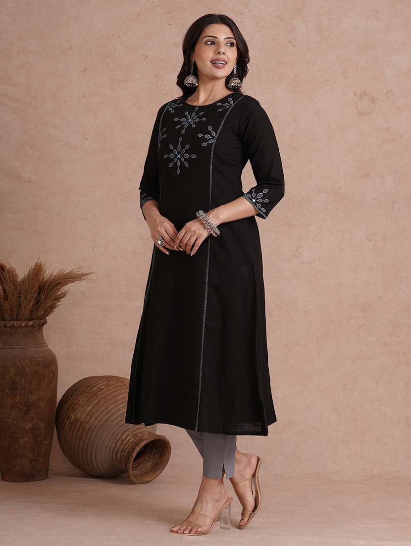 women embroidered three quarter sleeve a-line kurta 