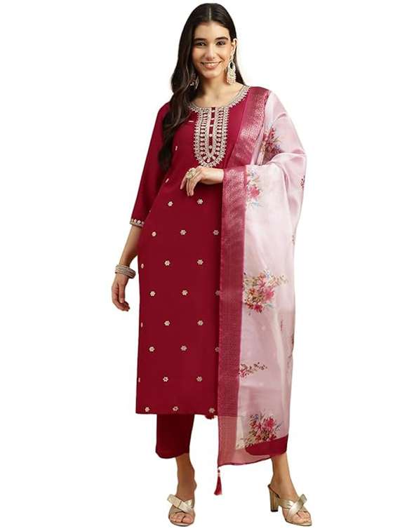 women embroidered three quarter sleeve kurta pant with dupatta set
